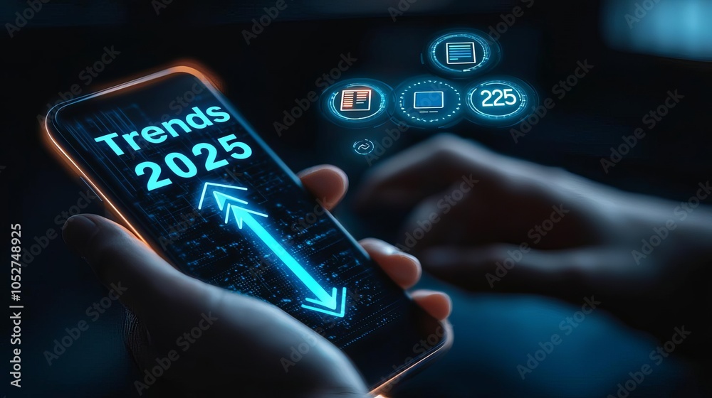 Obraz premium Business Plan 2025 Strategy Person holding a phone in one hand with a futuristic glowing 