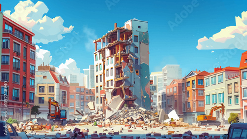 Demolition High-Rise Building Urban Neighborhood Densely Populated Cityscape Construction Equipment Cranes Explosions Debris Dust Clouds Urban Landscape Cartoon Illustration