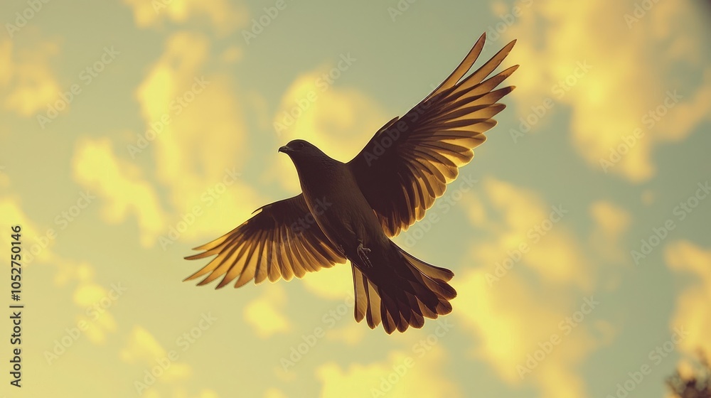 Fototapeta premium A single dove with outstretched wings soars through a cloudy sky, bathed in warm sunlight.