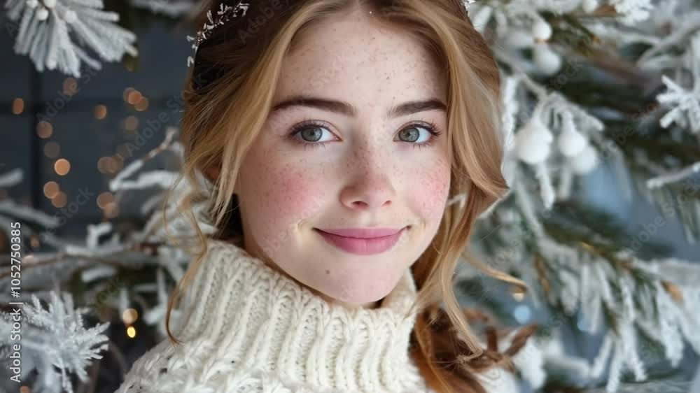 A girl with light brown hair and freckles smiles gently while wearing a knitted sweater, surrounded by winter decor and soft, glowing lights in a cozy setting A girl with light brown hair and freckles smiles gently while wearing a knitted sweater, surrounded by winter decor and soft, glowing lights in a cozy setting