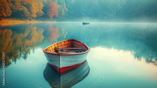 A single wooden rowboat sits on a calm lake in the morning mist with a second boat in the distance and colorful trees on the shoreline. photo