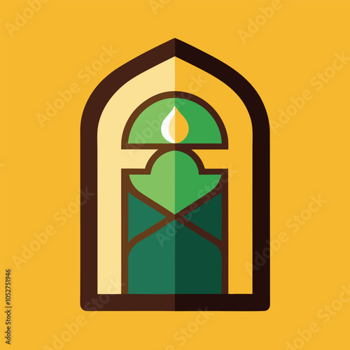 A stylized illustration of a stained glass window with a yellow teardrop in the top panel.