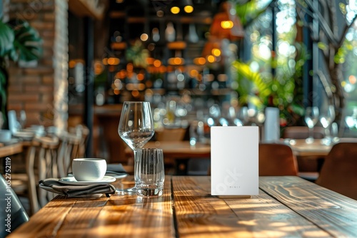 Obraz na płótnie Minimalist table tent card on a wooden surface in a cozy café setting. Perfect for branding mockups. Free copy space for text. w salonie