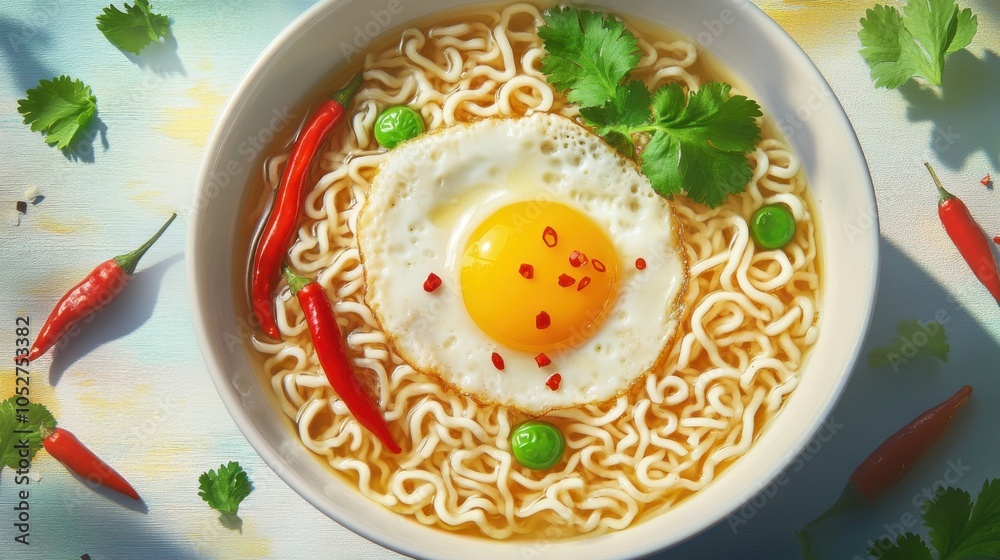 A bowl of instant noodles with a sunny-side-up egg, bright red chili peppers, and green A bowl of instant noodles with a sunny-side-up egg, bright red chili peppers, and green