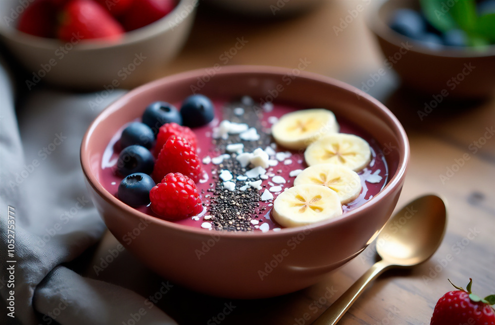Colorful smoothie bowl topped with fresh fruits and seeds on a wooden table in the morning light Colorful smoothie bowl topped with fresh fruits and seeds on a wooden table in the morning light
