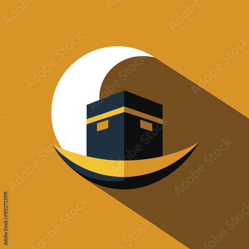 A simple illustration of a crescent moon and the Kaaba, a holy site in Islam.