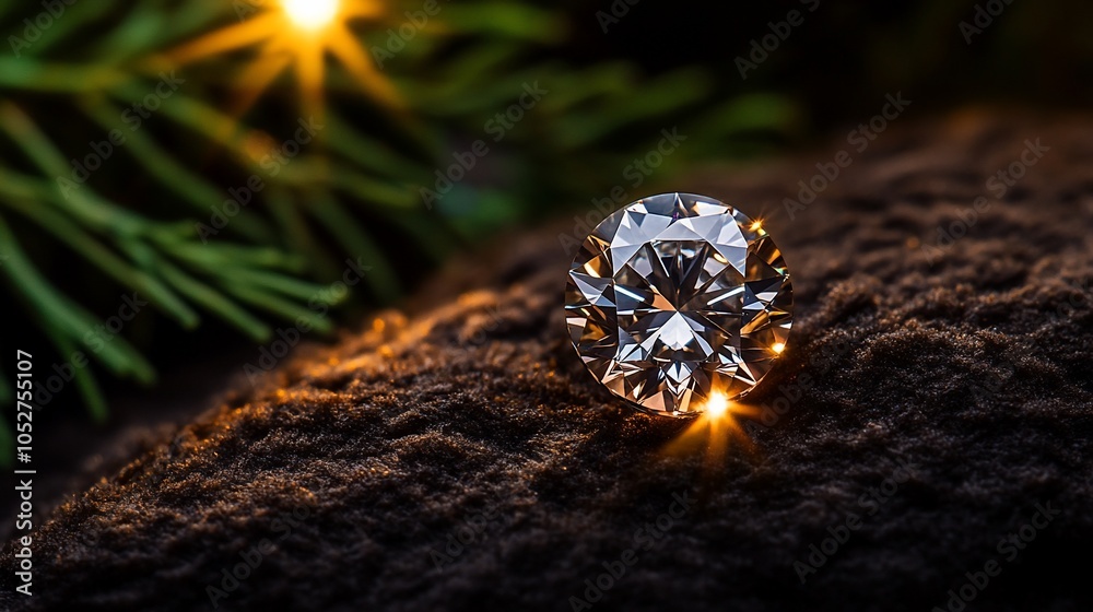 A sparkling diamond on a dark surface with blurred green foliage and light in the background. A sparkling diamond on a dark surface with blurred green foliage and light in the background.