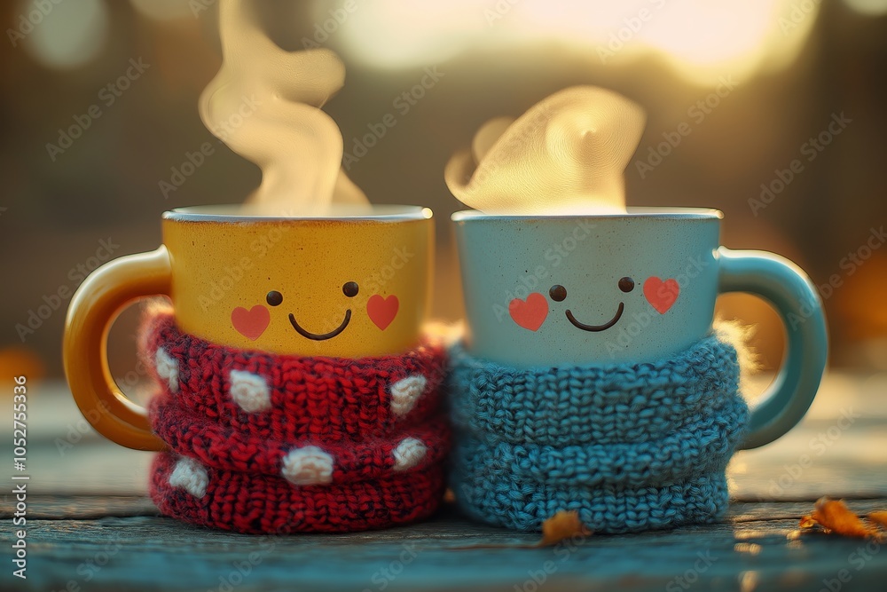 Fototapeta premium Two coffee cups of coffee with smiling faces, knitted scarf on bokeh background