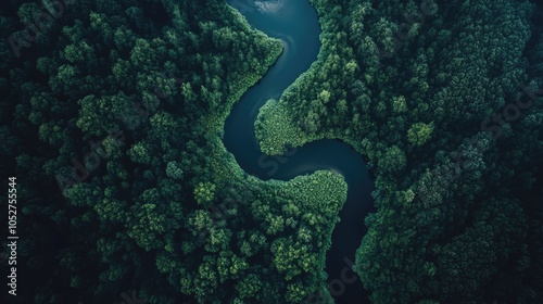 Winding river seen from an aerial view, symbolizing untouched landscapes and the complexity of natural patterns