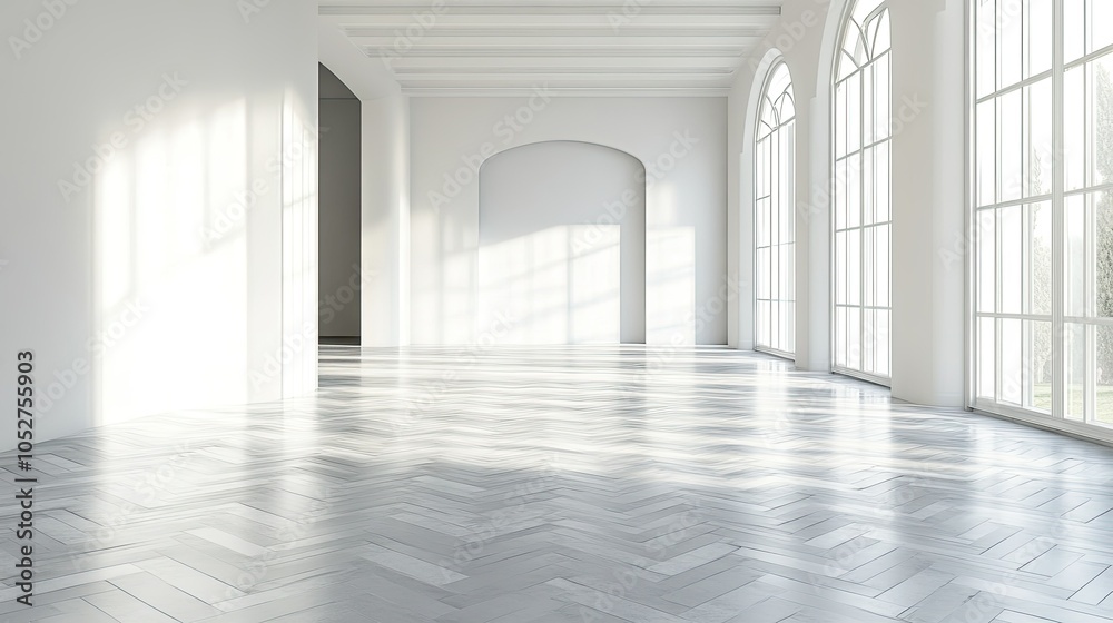 Bright Empty Room with Large Windows and Wooden Floor
