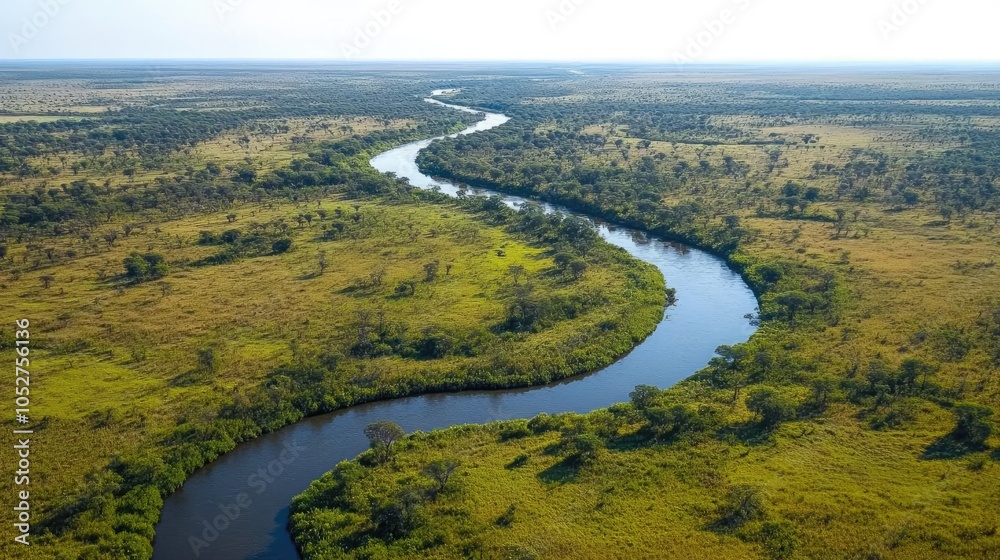 Obraz premium Aerial view of a winding river weaving through lush terrain, showcasing the untouched beauty of pristine landscapes