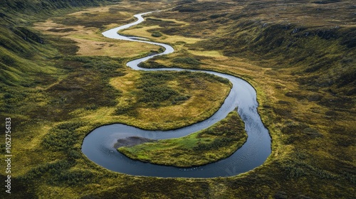 Aerial view of a winding river weaving through lush terrain, showcasing the untouched beauty of pristine landscapes photo