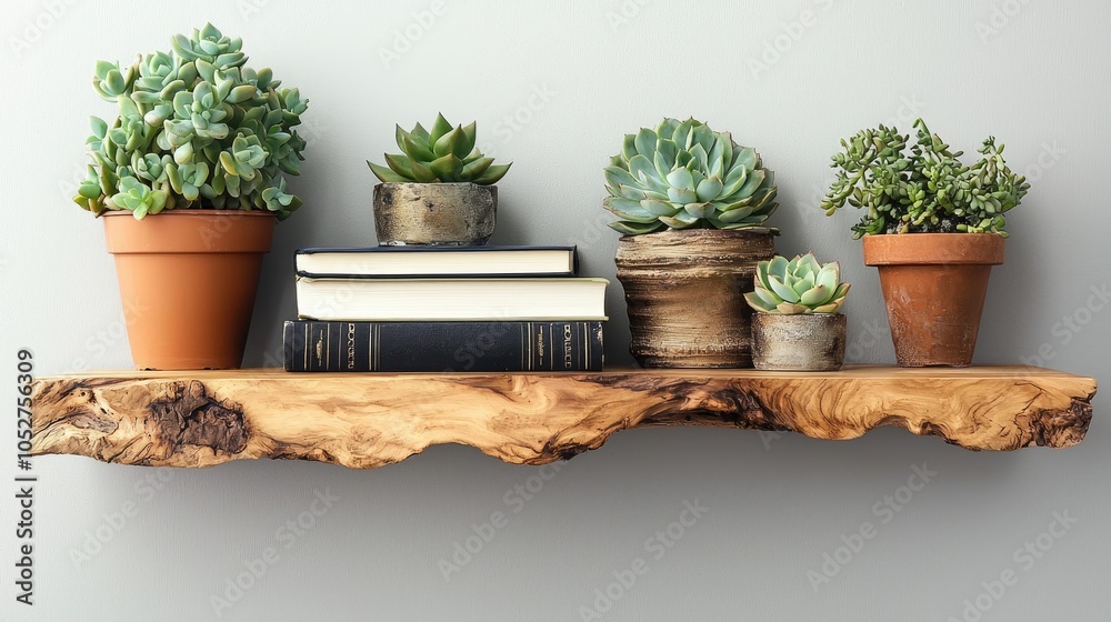 Fototapeta premium A wooden shelf with succulents and books on a gray wall.