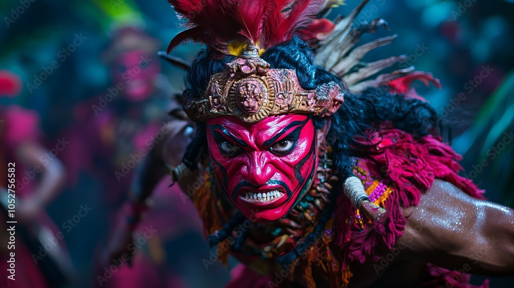 A male performer in traditional costume with red face paint and feathers, during a theatrical performance. A male performer in traditional costume with red face paint and feathers, during a theatrical performance.