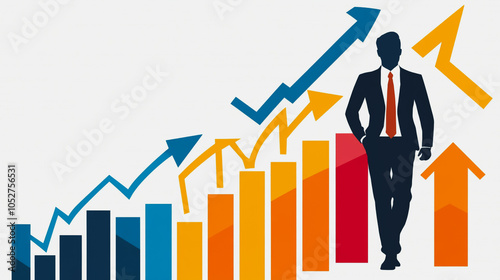 abstract business man stands on the peak of success amid tall, innovative Arrows point the way to success. and graphs with statistics to analyze business potential and predict future developments in