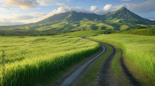 Scenic Mountain Landscape with Green Fields and Pathway