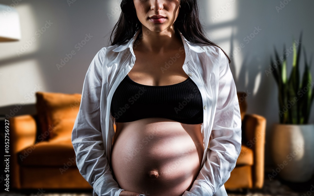 Fototapeta premium Close-up of a pregnant woman's belly in black lace lingerie.