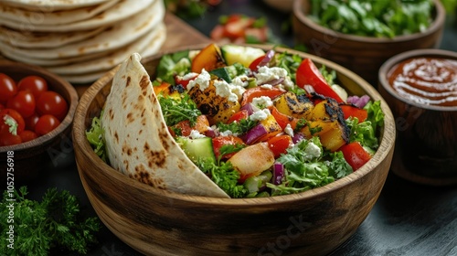 Colorful Fresh Salad Bowl with Grilled Vegetables photo