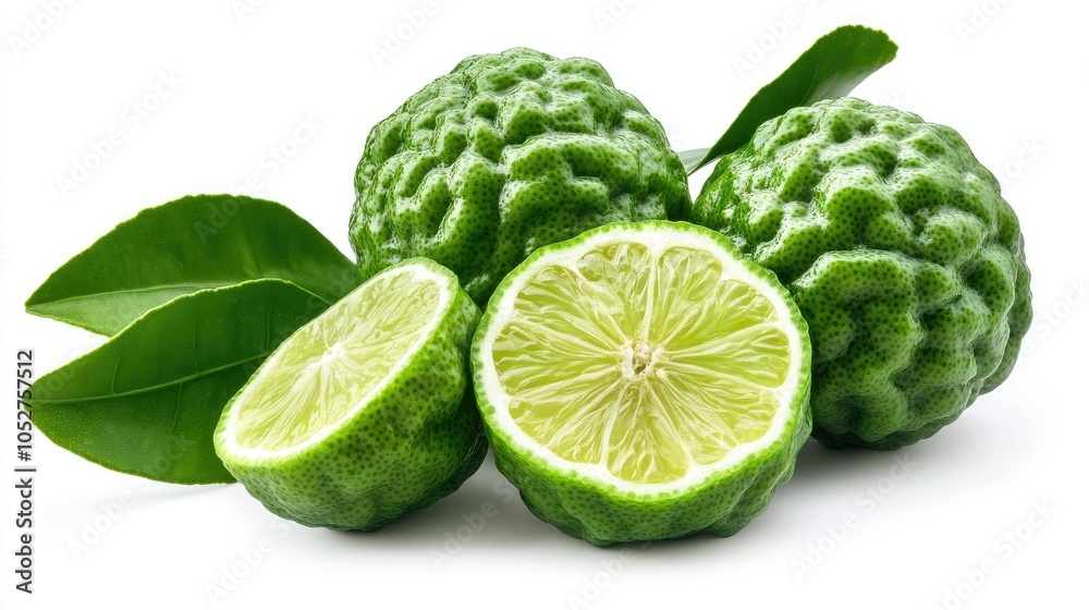 Fresh Kaffir Limes with Green Leaves and Cut Fruit Fresh Kaffir Limes with Green Leaves and Cut Fruit