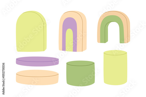 Minimalist geometric display shapes in soft pastel colors. Hand-drawn product stand concept, modern flat vector illustration set.