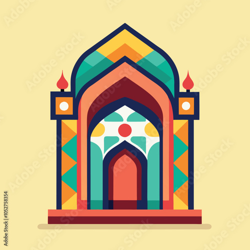 A colorful illustration of an ornate archway with geometric patterns.