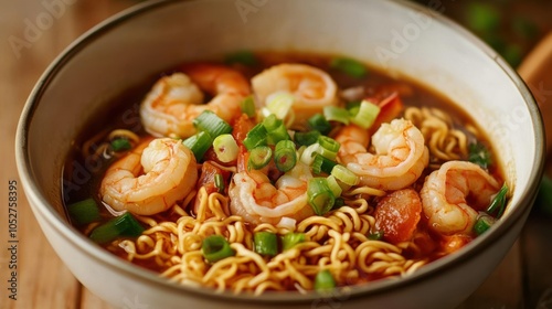 A mouthwatering shot of instant noodles with juicy shrimp, green onions, and a rich, colorful