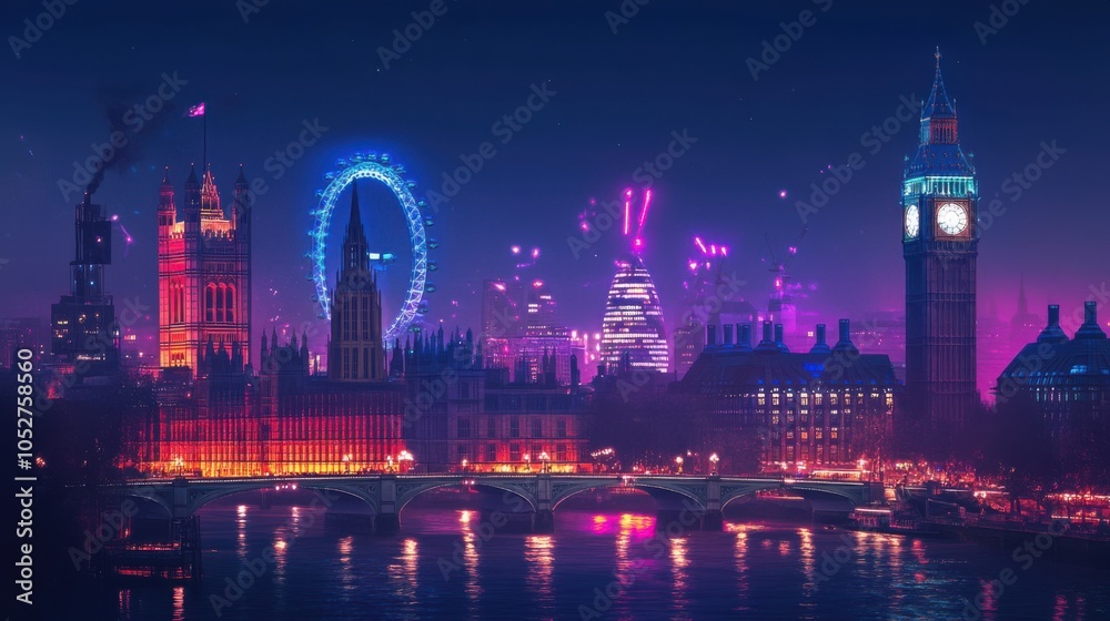 A panoramic view of the capital city nighttime skyline, featuring iconic landmarks glowing A panoramic view of the capital city nighttime skyline, featuring iconic landmarks glowing