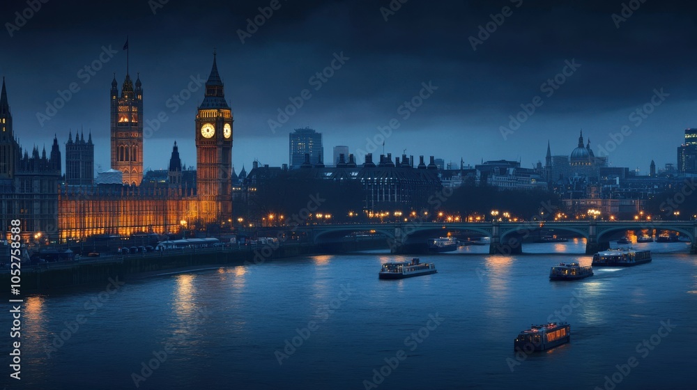 Fototapeta premium A panoramic view of the capital city nighttime skyline, featuring iconic landmarks glowing
