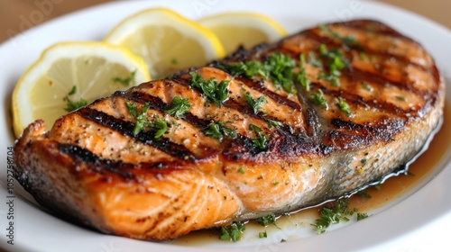 A perfectly grilled salmon steak, golden brown on the outside, with a garnish of fresh herbs