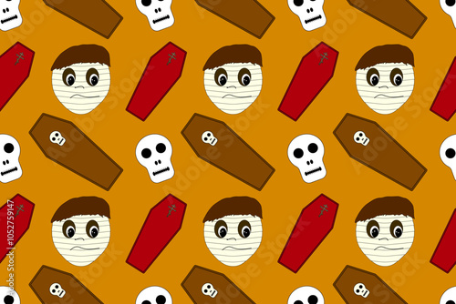Seamless Halloween pattern with mummies, skulls, and coffins on an orange background. Ideal for holiday designs, wrapping paper, and decor.