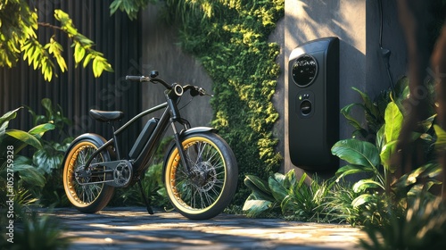 A sleek electric bike parked beside a green energy charging station. photo