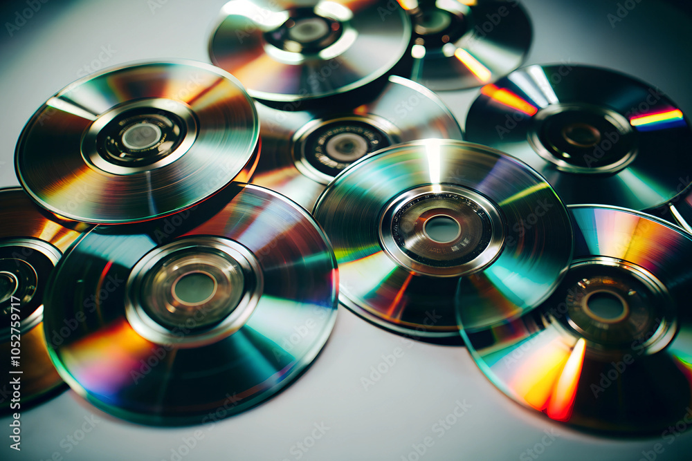 Pile of Shiny CDs and DVDs with Colorful Reflections - Close-Up of Retro Digital Storage Media Pile of Shiny CDs and DVDs with Colorful Reflections - Close-Up of Retro Digital Storage Media