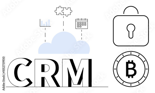 CRM text with cloud beneath puzzle pieces, graph, calendar. Right side holds lock and blockchain symbol. Ideal for business management, data analysis, security, technology, blockchain, cloud