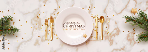 Christmas plate setting with golden cutlery on marble background. New Year Festive design with holiday xmas decorative. Table place setting background with realistic 3d objects. Vector illustration