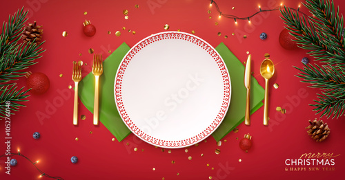 Christmas plate setting with golden cutlery on red background. New Year Festive design with holiday xmas decorative. Table place setting template with realistic 3d objects. Vector illustration