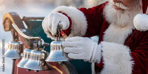 Polishing the Sleigh Bells. Santa Claus carefully polishes each bell, ensuring they’re shiny for the big night. The close-up highlights the gleam of the metal and Santa’s worn gloves. photo