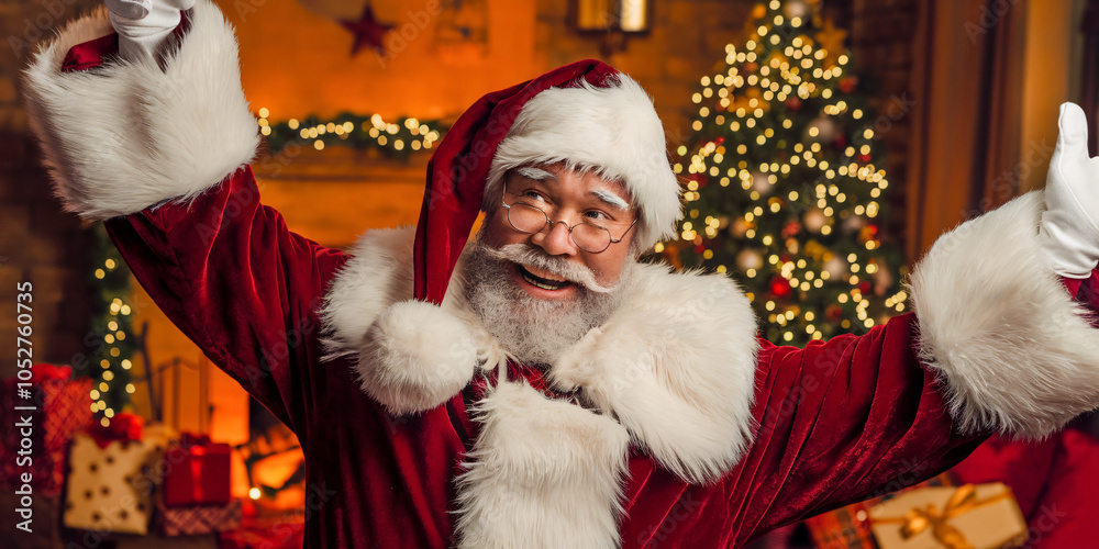 Obraz premium Santa's Morning Stretch. A close-up of Santa Claus stretching his arms with a big smile, preparing for a long day at the North Pole.