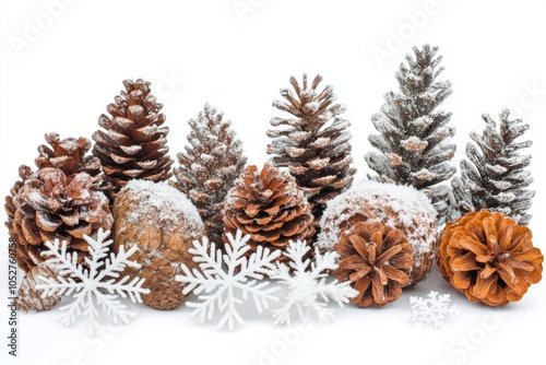 Wallpaper Mural Snow-covered pinecones and delicate snowflakes create a winter wonderland on a clean white background Torontodigital.ca