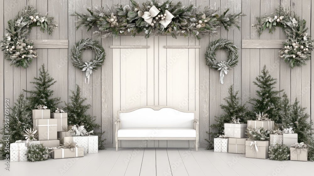 A stylish Christmas setup features a white sofa, a beautifully decorated tree, and a wreath, all enhanced by soft lighting and festive decor