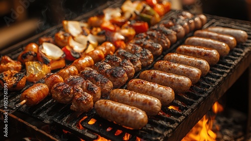 Close-up of Grilled Sausages and Vegetables on a Charcoal Grill