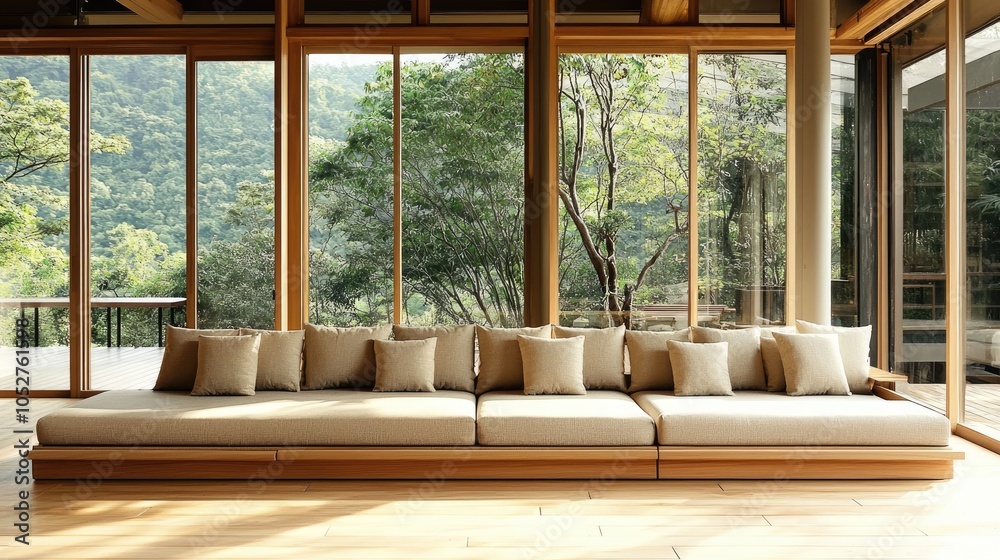 Fototapeta premium Modern living room with wooden floor and large windows overlooking a lush green forest.