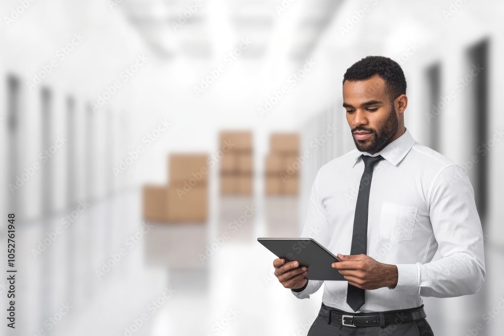 Manager working with tablet in sleek warehouse, store , supply chain Manager working with tablet in sleek warehouse, store , supply chain