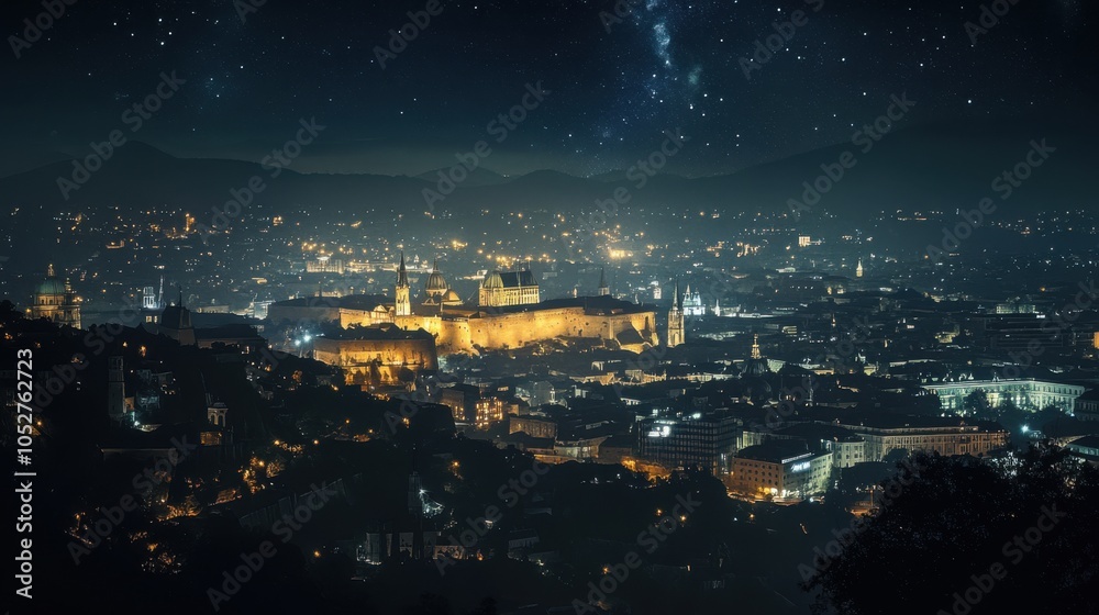 Obraz premium A vibrant night-time view of the capital city cultural landmarks, illuminated and standing