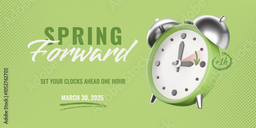 Spring Forward 2025, Daylight saving time banner. Isolated 3D realistic alarm clock on green halftone textured background, charcoal arrow and underline. Vector illustration