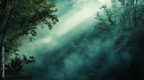 Mystical Forest Sunbeams Through Mist