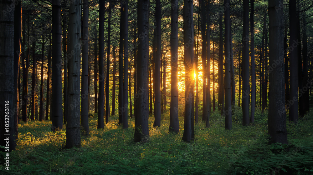 Obraz premium Serene Forest Sunrise with Sunlight Through Trees