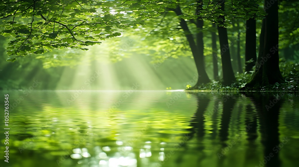 Obraz premium Reflections of a forest in early morning light on a calm lake, close-up