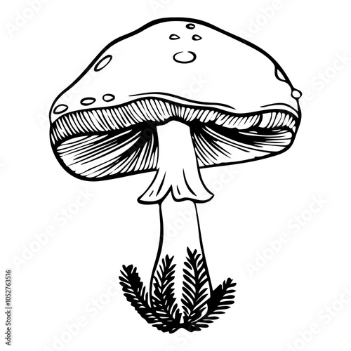 Forest mushroom illustration. A detailed doodle-style illustration of forest mushrooms with playful, hand-drawn lines and organic shapes