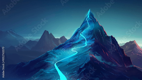 Mountain Peak Glowing Path Line Ascending Summit Climb Adventure Trail Cartoon Illustration Elevated Landscape Illuminated Pathway Rocky Terrain High Altitude Scenic View Majestic