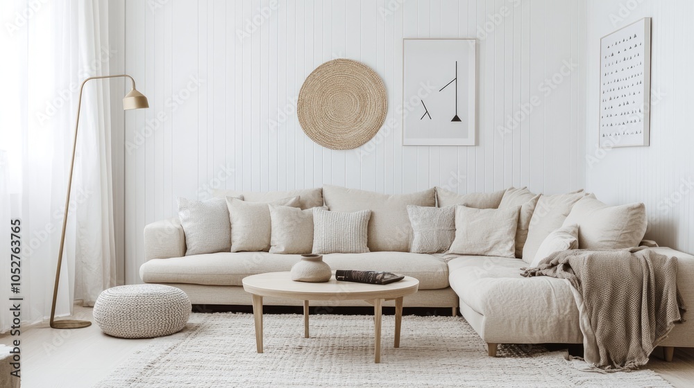 Obraz premium A realistic photo of a modern living room with white walls, a beige sofa, and a coffee table A soft rug, standing floor lamp, and wall decor complete the stylish, cozy look Cushions and throws